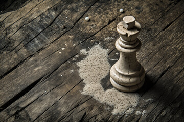 Single, weathered chess piece standing on a cracked wooden surface. Generative AI