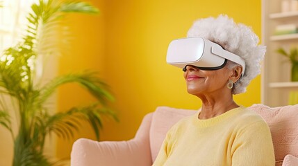 Senior Woman Exploring VR: A serene elderly woman with silver hair, wearing a VR headset, sits comfortably in a pink armchair, experiencing the wonders of virtual reality in a vibrant.
