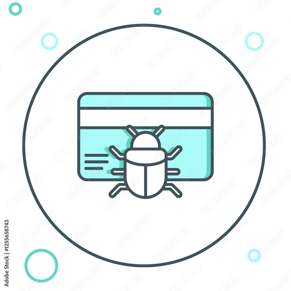 Poster line system bug in credit card icon isolated on white background. code bug concept. bug in the syste
