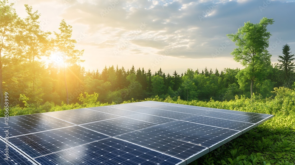 Poster a serene landscape featuring solar panels in a green field, illuminated by sunlight, surrounded by t