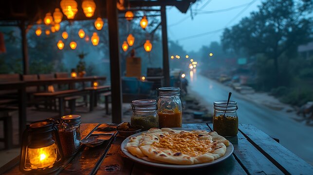 A roadside Indian dhaba at twilight, glowing lanterns casting warm hues over wooden tables, a plate of butter naan and smoky dal tadka, glass jars of pickles on the side,