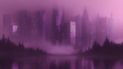 Fototapeta premium Purple city skyline, misty lake, forest