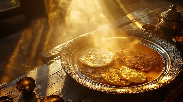 A royal Rajasthani thali, featuring dal baati churma, gatte ki sabzi, ker sangri, bajra roti, and rich makhan, plated on a large silver thali, authentic textures, warm golden glow,