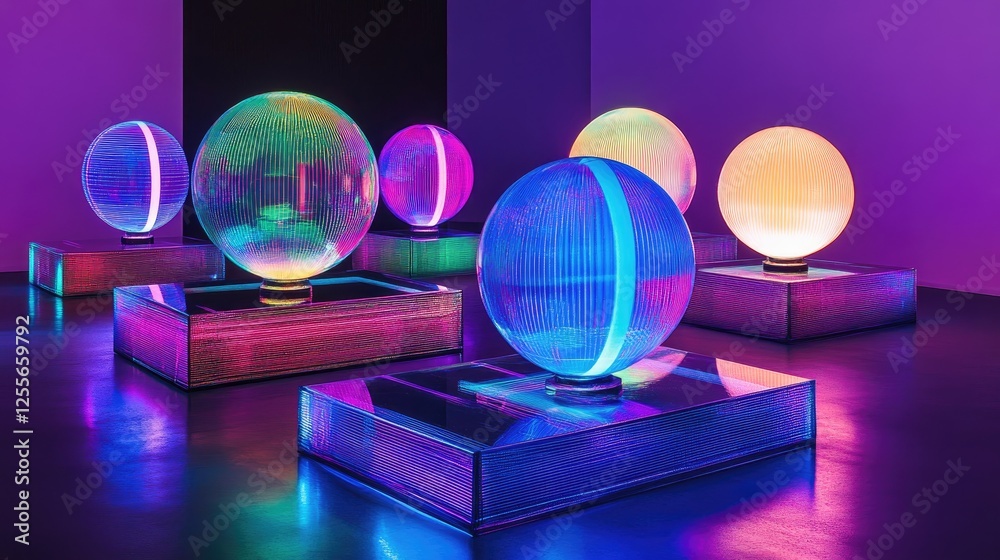 Aufkleber neon-colored luminous spheres placed on geometric platforms, creating an artistic high-contrast imag
