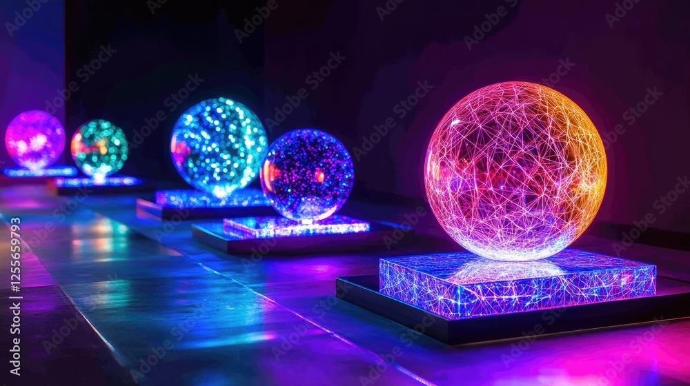 Poster neon-colored luminous spheres placed on geometric platforms, creating an artistic high-contrast imag