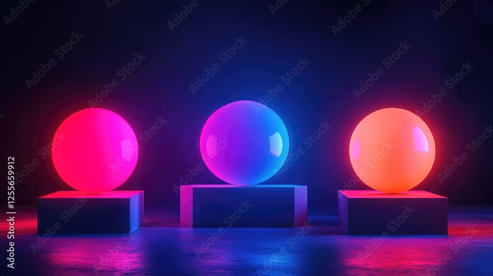 Aufkleber neon-colored luminous spheres placed on geometric platforms, creating an artistic high-contrast imag