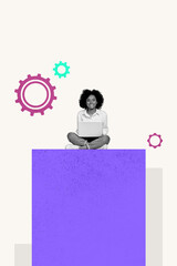 Vertical sketch 3d artwork collage poster of happy american businesswoman freelancer hold laptop gearwheel optimization settings
