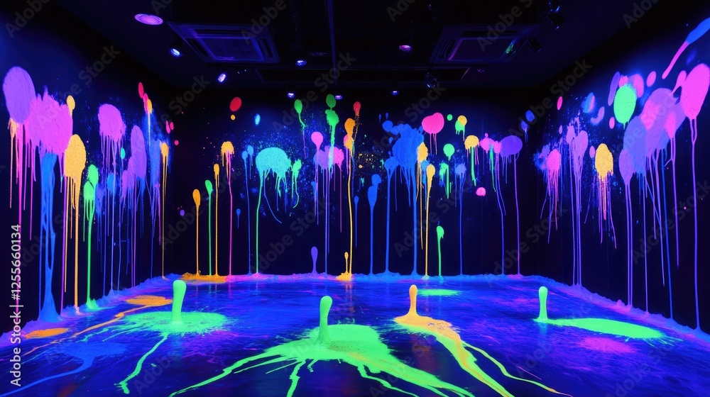 Aufkleber Neon-colored paint splashes illuminated by blacklight, creating an otherworldly glow and an abstract, vibrant effect in a dark space