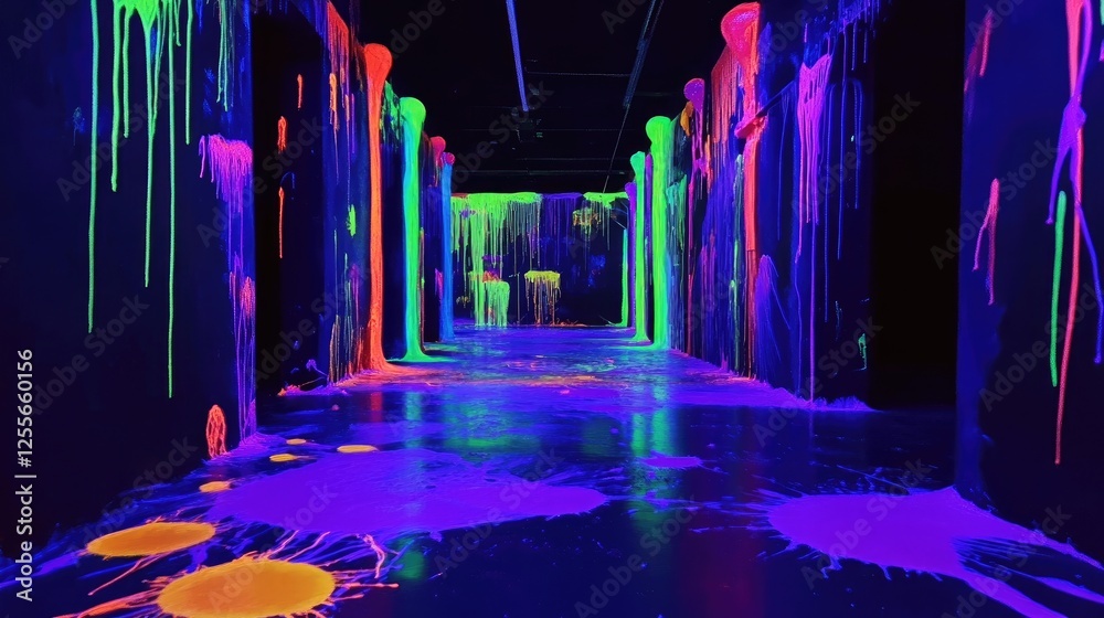 Aufkleber Neon-colored paint splashes illuminated by blacklight, creating an otherworldly glow and an abstract, vibrant effect in a dark space