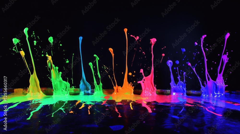 Poster neon-colored paint splashes illuminated by blacklight, glowing with intensity, creating an electrify