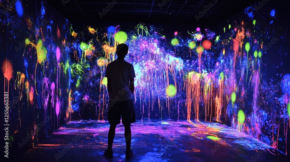 Aufkleber neon-colored paint splashes illuminated by blacklight, glowing with intensity, creating an electrify