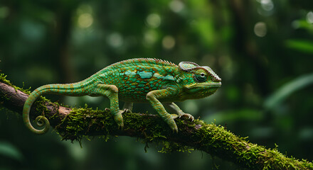 Fototapeta premium Green Chameleon on Mossy Branch in Forest