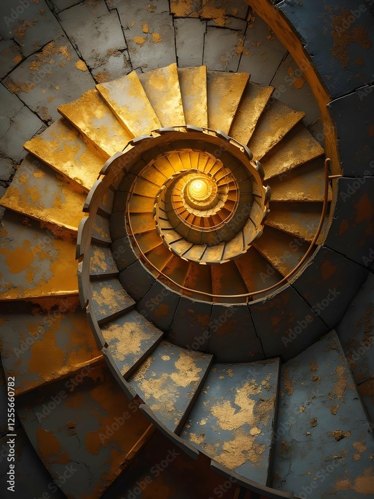Poster A mesmerizing, spiraling staircase descends into darkness, illuminated by a single light at the bottom, creating a sense of depth and mystery