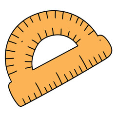Hand drawn cartoon yellow protractor ruler on white background.