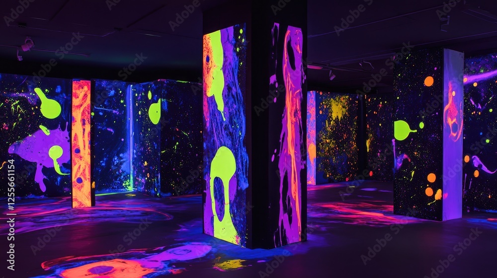 Poster Neon-colored paint splashes illuminated by blacklight, creating an otherworldly glow and an abstract, vibrant effect in a dark space