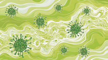 Green virus cells flowing, abstract background, medical illustration