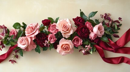Obraz premium Soft pink roses paired with a bold red satin ribbon for a stunning Valentine's Day design filled with love and elegance