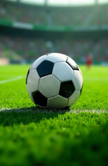 Fototapeta premium Close up of american football ball on a green blurred background with subtle white lines, an American football field