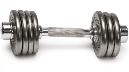 Fototapeta premium A close-up view of a shiny, adjustable dumbbell resting on a clean surface, showcasing fitness equipment