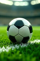Fototapeta premium Close up of american football ball on a green blurred background with subtle white lines, an American football field