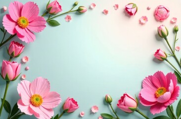 Pink roses and buds arrangement on a soft pink background