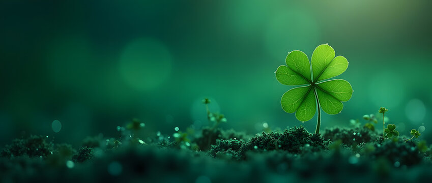 Gros plan d'un tr&egrave;fle &agrave; 4 feuilles isol&eacute; sur fond vert, sol mousseux, fond en effet bokeh lumineux