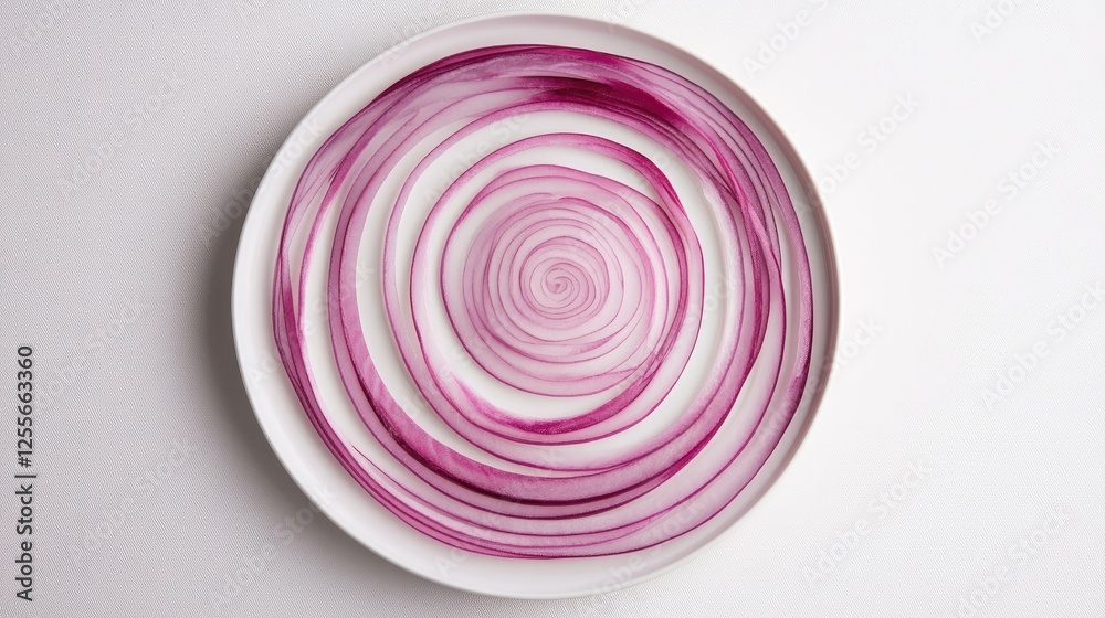 Poster thin slices of red onion arranged in concentric circles on a white ceramic plate, showcasing their v