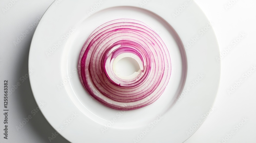 Poster thin slices of red onion arranged in concentric circles on a white ceramic plate, showcasing their v
