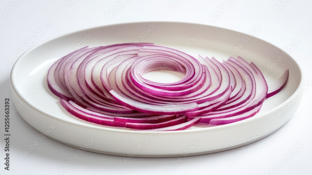 Poster thin slices of red onion arranged in concentric circles on a white ceramic plate, showcasing their v