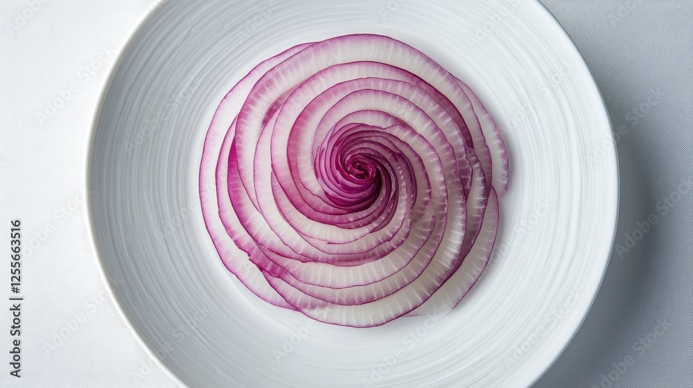 Poster thin slices of red onion arranged in concentric circles on a white ceramic plate, showcasing their v