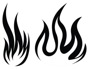 Fire icon isolated on white background. Fire flame icon stock vector illustration. Fire tattoo art. Black and white silhouettes fire drawing. Fire emblem set. Blaze fire clipart