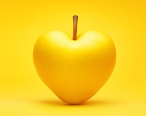 Obraz premium A yellow heart-shaped plum on the right side of an empty background, with a yellow color scheme. Valentine's day banner with copy space. Healthy lifestyle and food advertising idea 