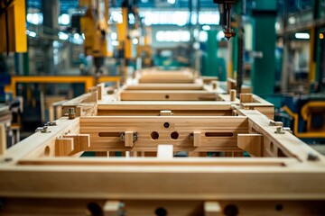 Wooden framework assembly in a bright manufacturing facility at midday