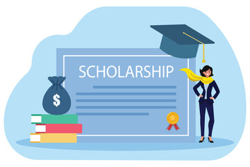 Scholarship achievement concept illustration. Female graduate with diploma, money bag, books, and graduation cap symbolizing financial aid, education success, and academic excellence.