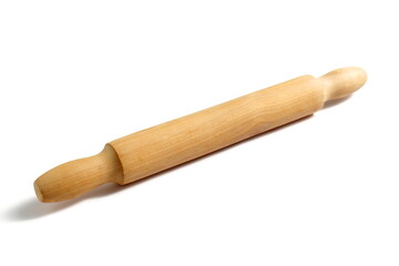There is a wooden kitchen rolling pin lying on a white background.