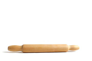 There is a wooden kitchen rolling pin lying on a white background.	