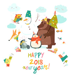 Obraz premium Happy animals celebrating Christmas. Vector greeting card