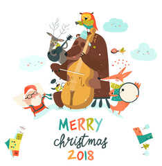 Vector Merry christmas card with animals, Santa and music