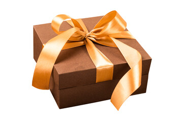 Elegant brown gift box with golden ribbon on black background