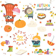 Vector cartoon set with cute autumn elements