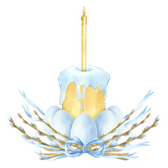 Easter cake and candle composition, eggs, willow twigs and ribbon, highlighted on a white background. A nest, a willow wreath. Hand-drawn watercolor illustration. A symbol, a holiday, a tradition