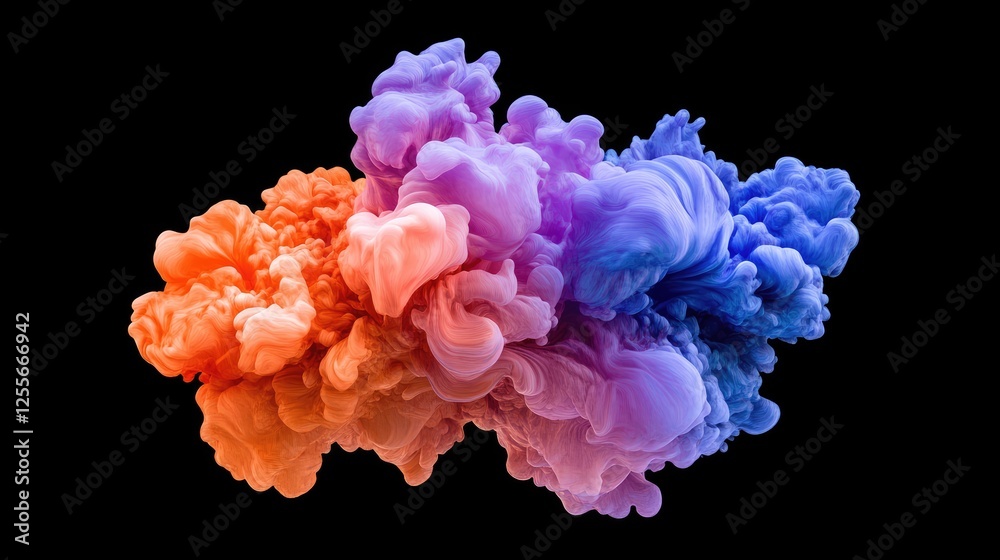 Poster Vibrant, colorful paint swirling and splashing in water, creating a stunning display of colorful clouds and gradients in fluid motion
