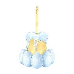 Easter cake composition, candles and festive eggs highlighted on a white background. A symbol, a holiday, a tradition. Hand-drawn watercolor illustration, art. A template for packaging, postcards