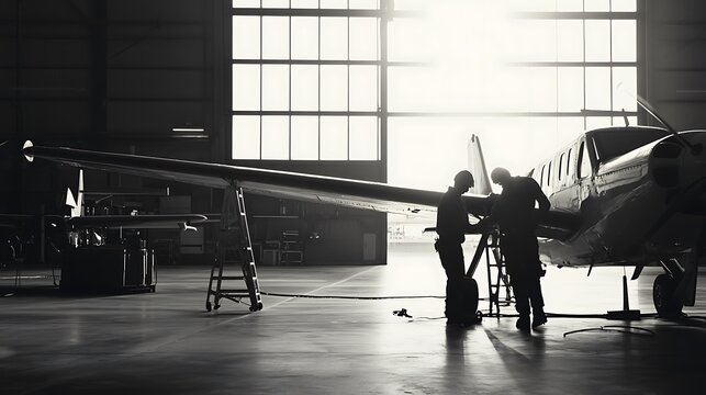 Two men are working on a plane in a hangar - Powered by Adobe