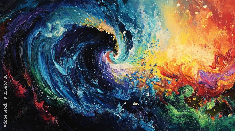 Poster vibrant paint splashing and swirling in water, blending together in vivid clouds of color and flowin