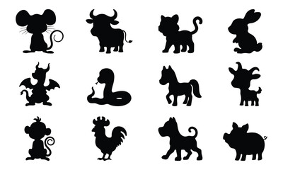 Animal shadow of zodiac year. Rat, ox or cow, tiger, rabbit, dragon, snake, horse, goat, monkey, chicken, dog and pig. Graphics for design on a white background. Vector illustration.