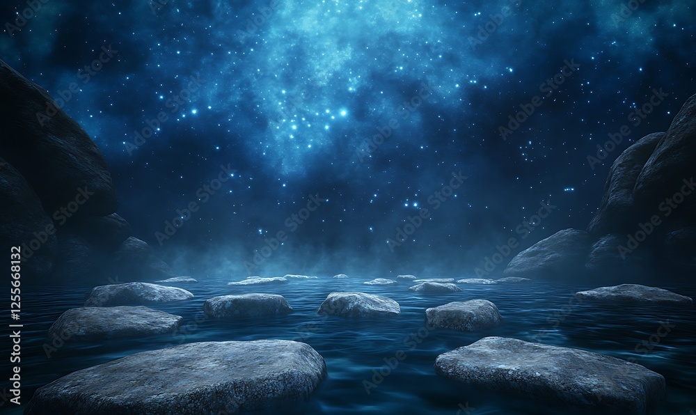 Poster a serene night scene featuring glowing stars above a calm water surface with scattered stones, creat