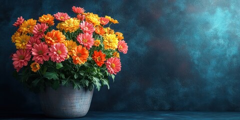Vibrant Chrysanthemum Bouquet in a Grey Pot Against a Teal Background