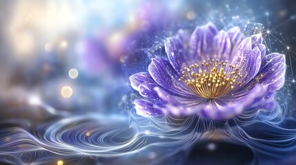 A beautiful purple lotus flower floating on water, surrounded by glowing bokeh lights. Captures the essence of nature's elegance and tranquility in a serene, dreamy atmosphere.