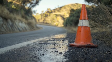 An orange traffic cone with a white reflective stripe placed on an asphalt road. Used for traffic control and safety in construction zones. Close-up shot highlighting texture and details.